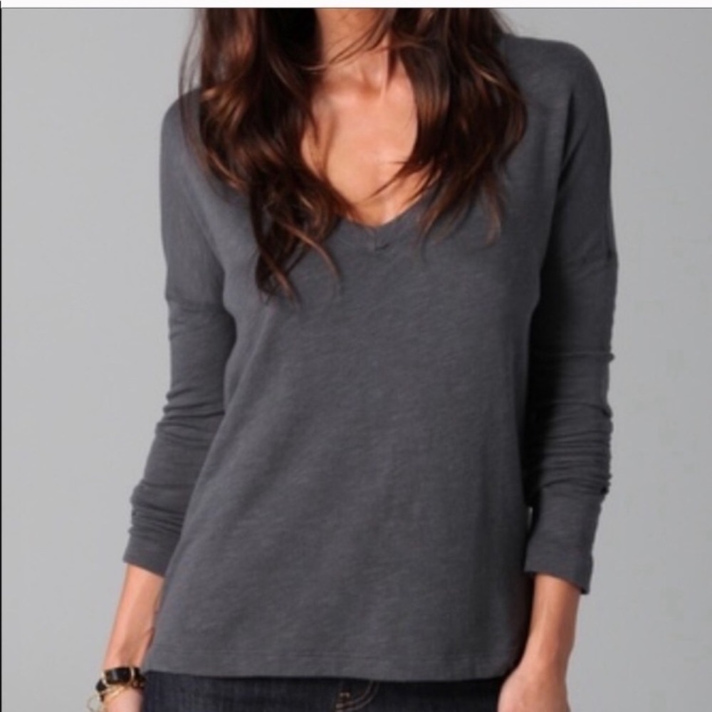 James Perse Long Sleeve Boxy V Neck Top Shirt in Grey Terry Size L